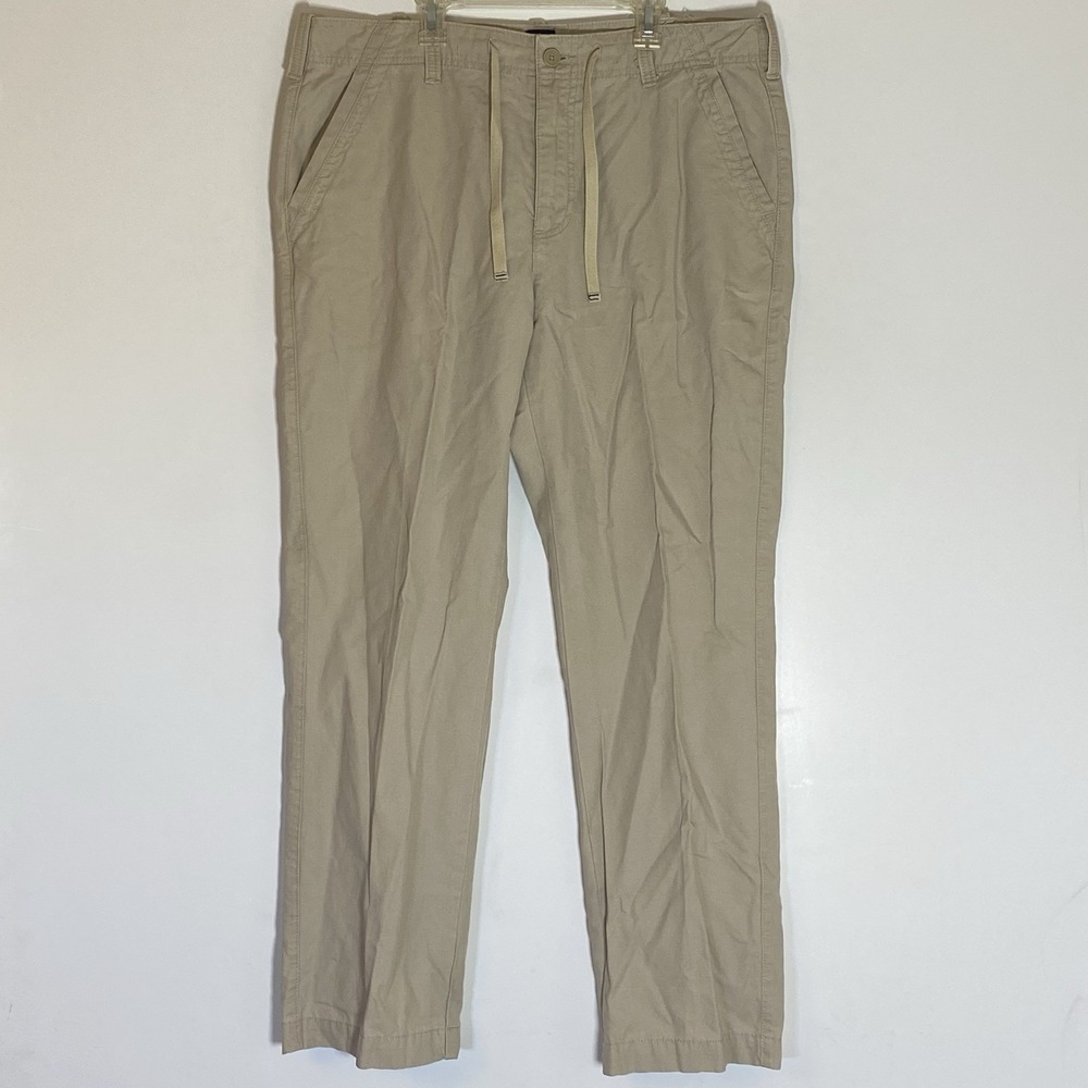 Gap Pants Mens 35 X 32 Khaki Linen Blend Casual Trousers Drawstring Pockets Nice